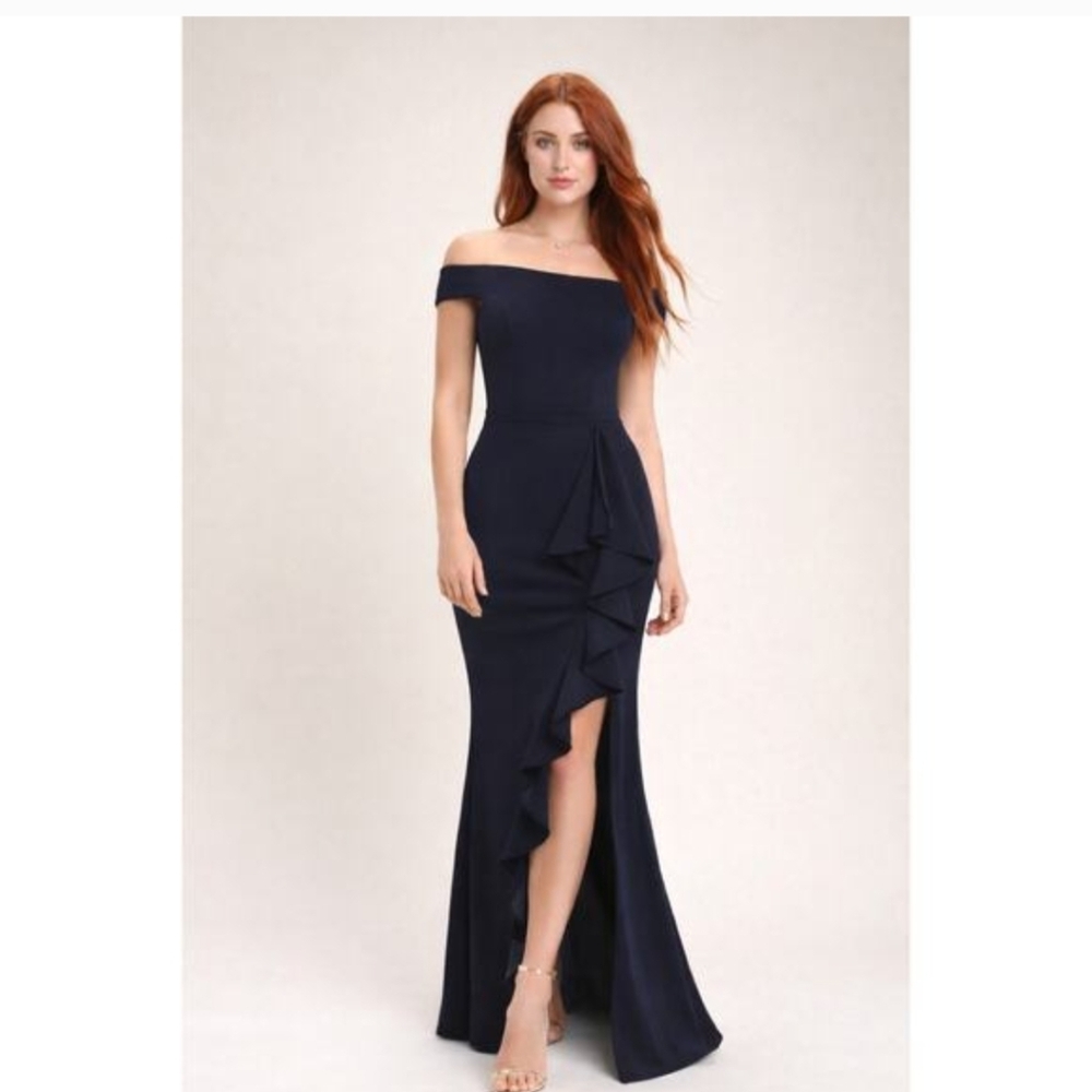 Lulus Mila Navy Blue Off The Shoulder Ruffle Side Slit Maxi Dress Size Medium